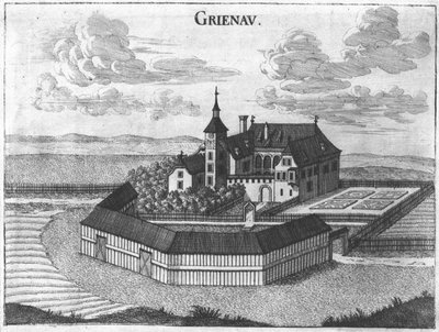 Grabado, vista del castillo de Grünau, Alta Austria de Georg Matthaus Vischer